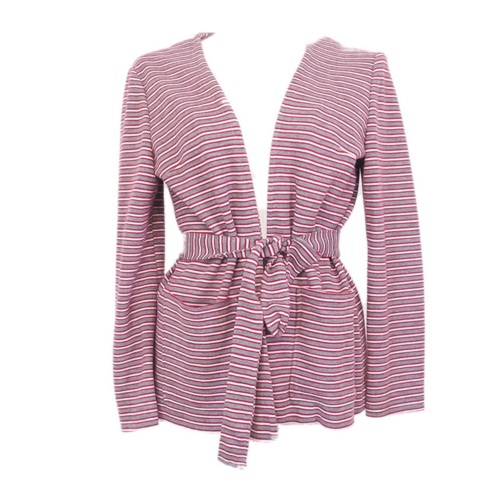 70s Vintage Cardigan Jacket Red and Gray‎ Striped With Matching Belt Size Medium